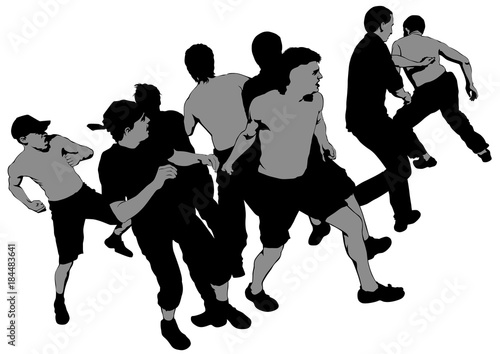 Fighting young street hooligans against a white background