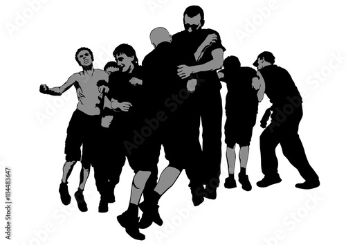 Fighting young street hooligans against a white background