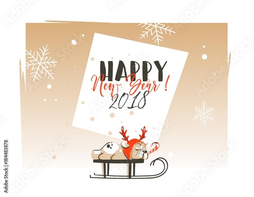 Hand drawn vector abstract Merry Christmas and Happy New Year 2018 time cartoon illustrations greeting card template with french bulldog dog on sleigh and typography text isolated on white background