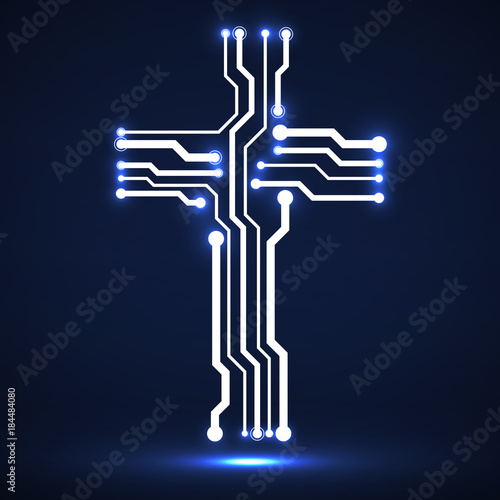 Abstract neon electronic circuit board in shape cross. Christian symbol