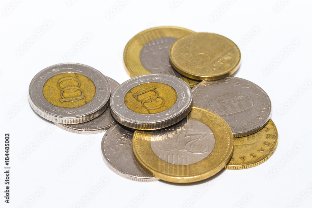 The forint (sign: Ft; code: HUF) is the currency of Hungary. Coins on isolated white background.