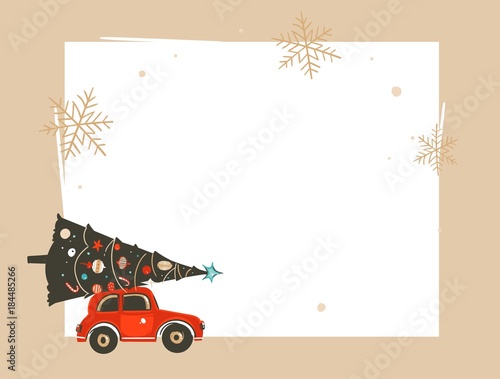 Hand drawn vector abstract Merry Christmas and Happy New Year sale time cartoon illustrations greeting header template with xmas tree red car and place for your text isolated on white background