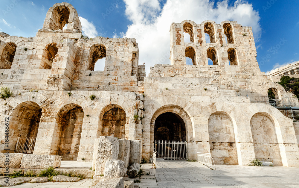 Greece, Athens. Facade of ancient greek theater Facade Odeon of Herodus Atticus. Iconic landmark and famous travel destination in Greece.