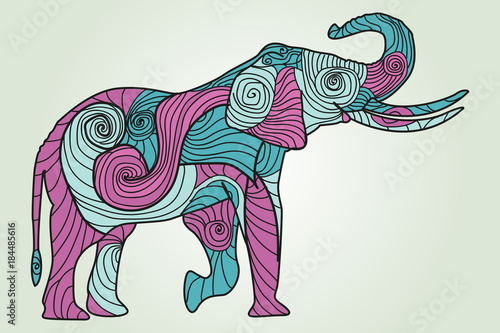 elephant drawn lines. vector. multi-colored waves