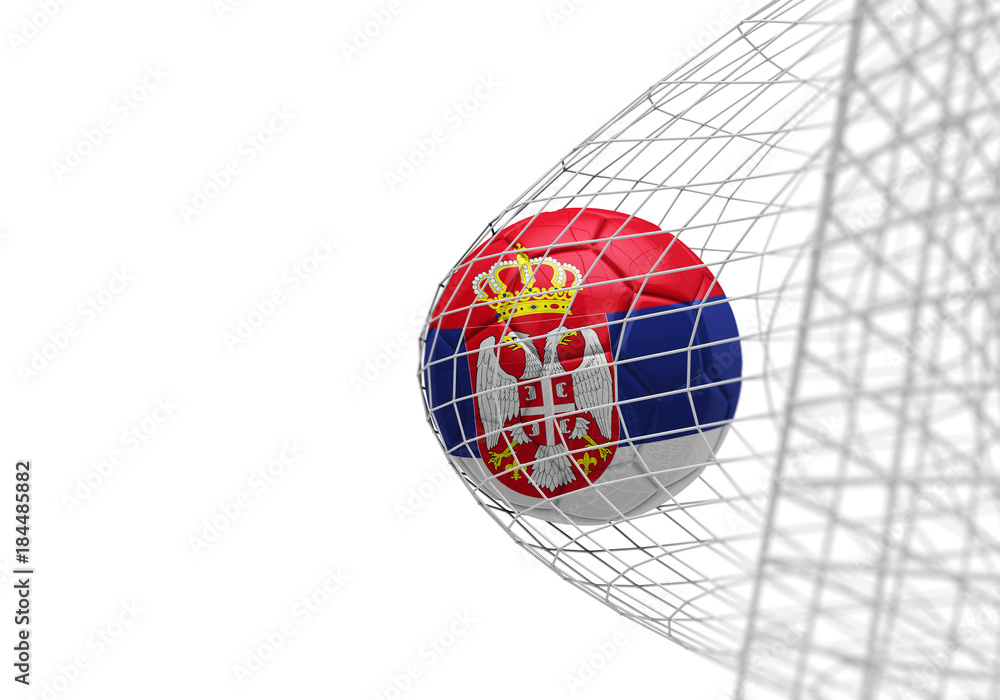 Serbia flag soccer ball scores a goal in a net
