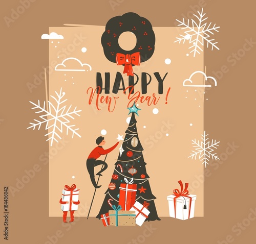 Hand drawn vector abstract Merry Christmas and Happy New Year time vintage cartoon illustrations greeting card template with family people decorated xmas tree isolated on brown background