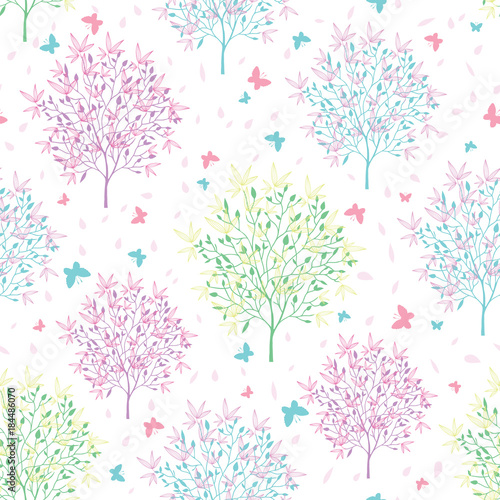Vector pastel spring blossoming trees and butterflies seamless pattern backgr...