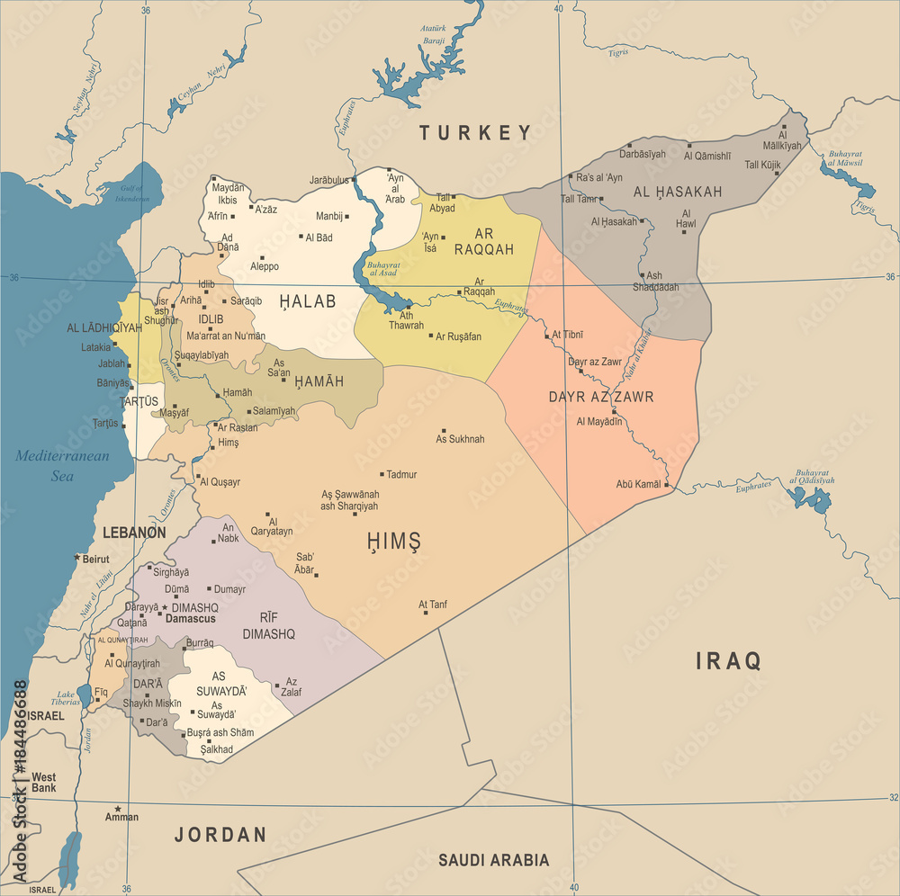 Syria Map - Vintage Detailed Vector Illustration