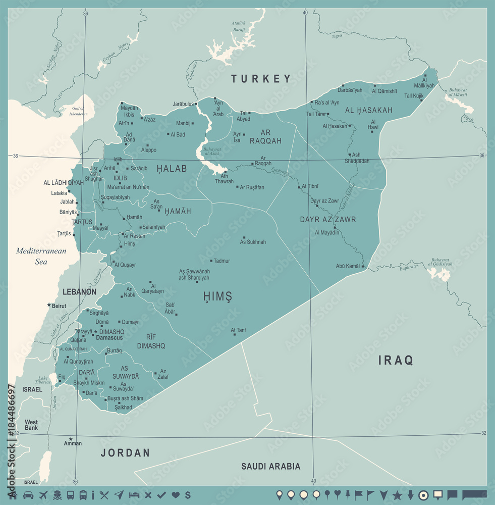 Obraz premium Syria Map - Vintage Detailed Vector Illustration