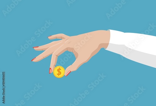 Gold coin icon in a woman's hand. Vector illustration.