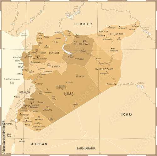 Syria Map - Vintage Detailed Vector Illustration