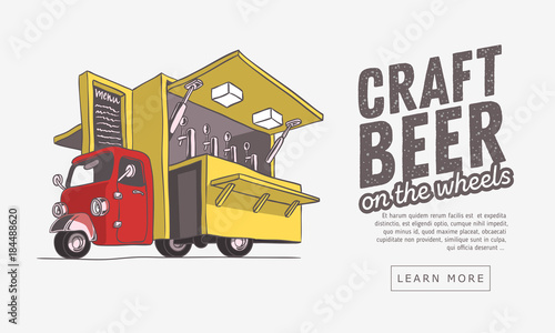 Mobile Craft Beer Pop Up Vehicle For Catering And Street Selling Web Banner Design. Artistic Cartoon Hand Drawn Sketchy Line Art Style.