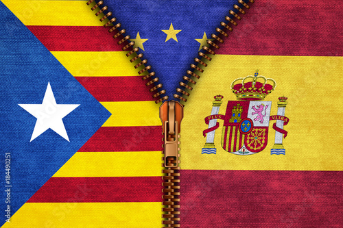 Zipper dividing Catalonia and Spain with Europe on background in a Independence concept.