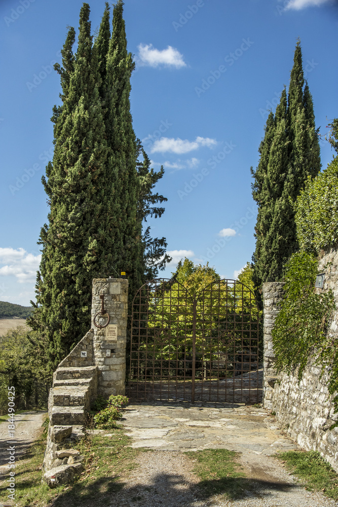 Entrance to unidentified villa in Vertine, Tuscany, Italy