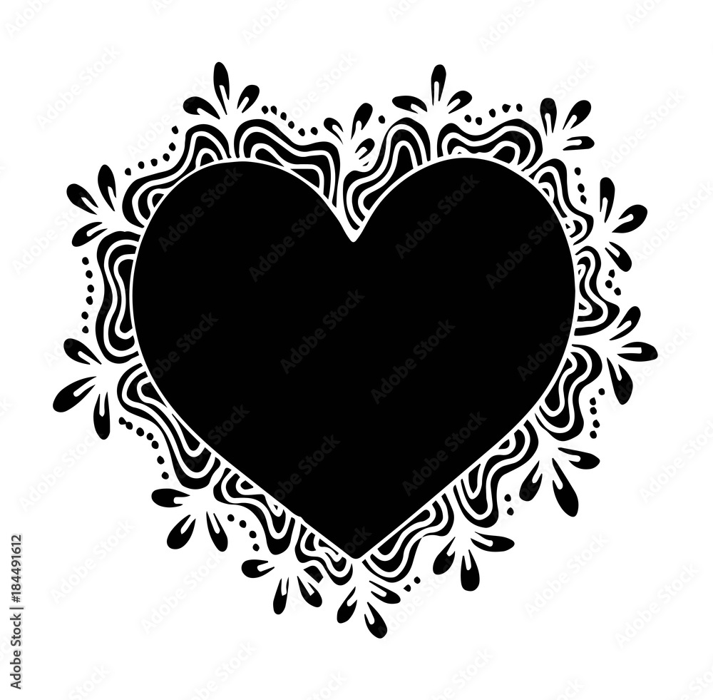 Decorative love frame composition with hearts, flowers, ornate elements in doodle style. Floral, ornate, decorative, tribal design elements. Black and white background. Zentangle coloring book page