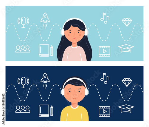 Students Learning Through Podcasts and Webinars. Education and Internet Technology. Blended Learning Concept Illustration. Vector Design