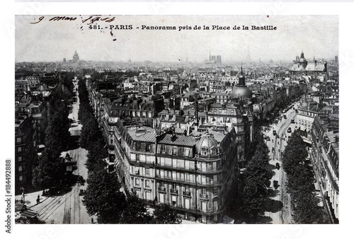 Paris city panorama, circa 1904, vintage postcard printed in France, retro cityscape