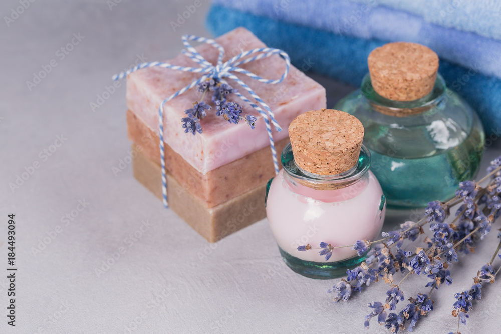 Natural cosmetic oil, cream and natural handmade soap with lavender Natural cosmetic oil, cream and natural handmade soap with lavender