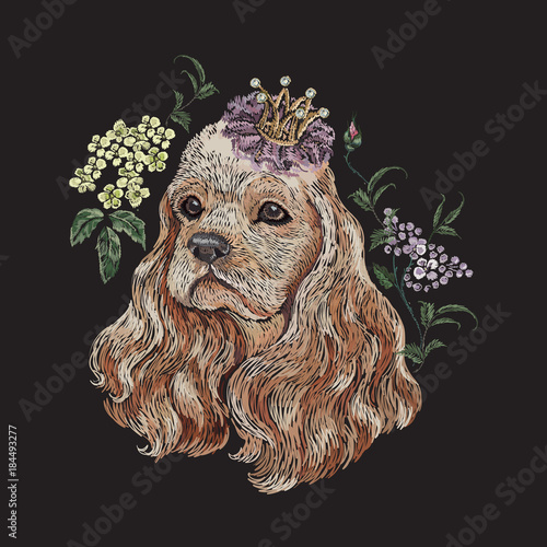 Fototapeta Embroidery floral pattern with dog in crown and lilac