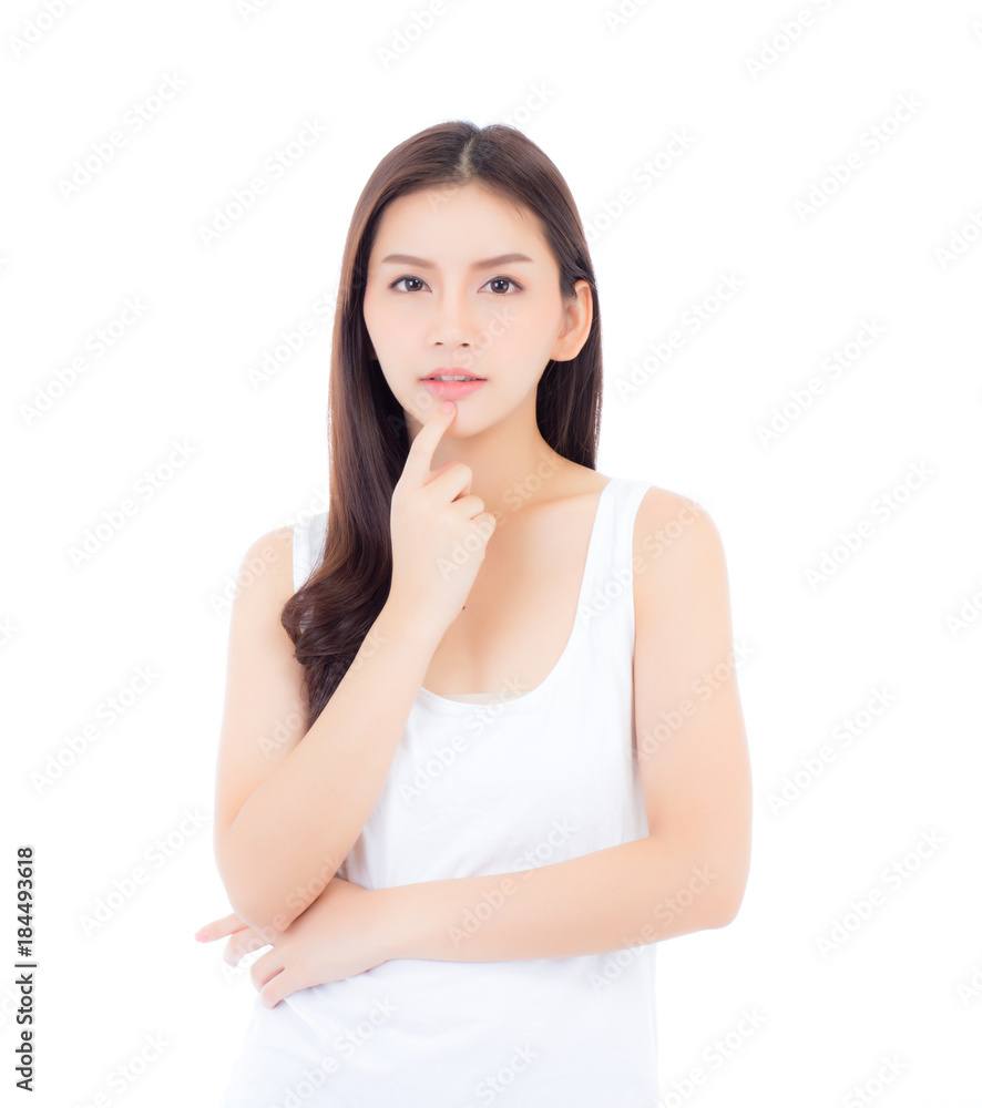 Portrait of beautiful asian woman makeup of cosmetic, girl hand touch mouth and smile attractive, lips beauty perfect with wellness isolated on white background with healthcare concept. Portrait of beautiful asian woman makeup of cosmetic, girl hand touch mouth and smile attractive, lips beauty perfect with wellness isolated on white background with healthcare concept.