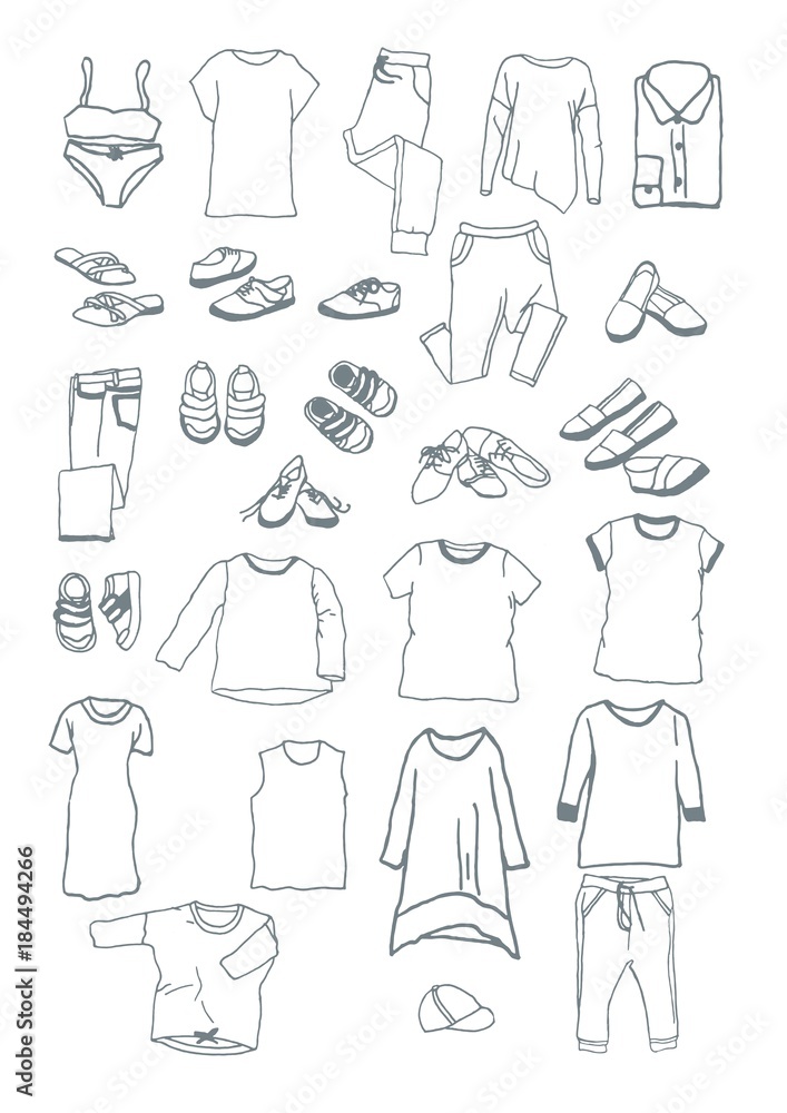 ręcznie rysowane ubrania zestaw, buty i ciuchy Stock Vector | Adobe Stock