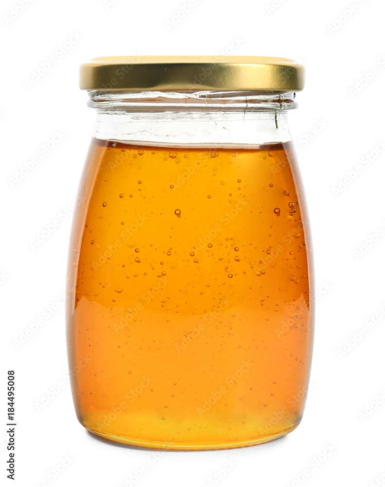 Aromatic honey in jar, isolated on white Aromatic honey in jar, isolated on white