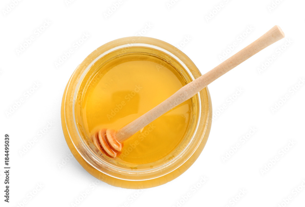 Jar of honey with dipper, isolated on white Stock Photo Adobe Stock