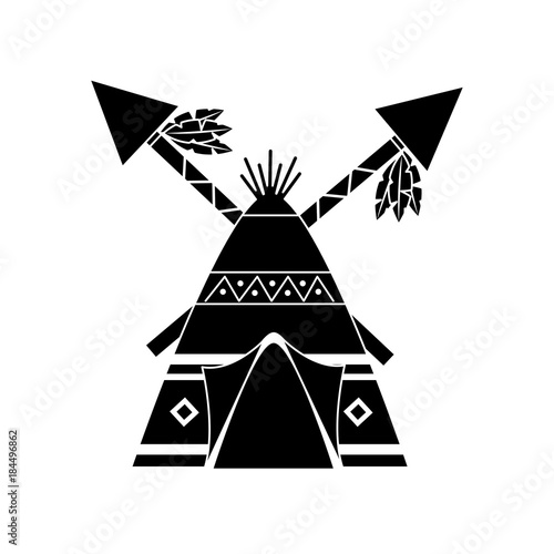 native american indian teepee home with crossed spears vector illustration black image