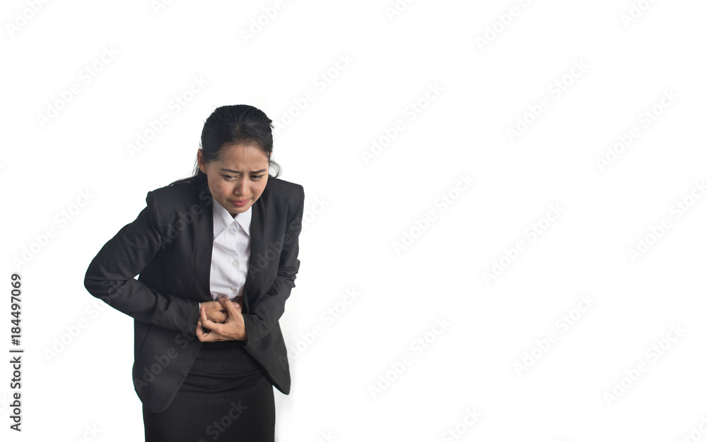 Business woman with abdominal pain on white background Business woman with abdominal pain on white background