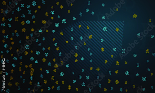 Bitcoins security business background. Bitcoin crypto mining visualization. Business wallet background, security currency exchange, vector model. Crypto virtual payment finance. Gold money trading