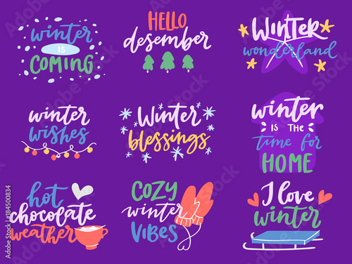 Winter Hello logo vector badge text letters motivation welcome wintertime phrases and quotes lettering