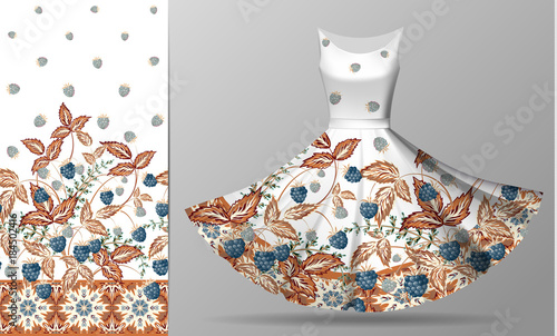 Seamless vertical raspberries design with ornate border. Floral pattern on dress mockup. Vector