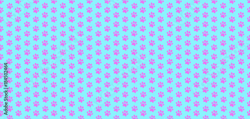 banner with pink seamless pattern of animal footprints on light blue background.