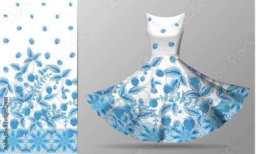 Seamless vertical raspberries design with ornate border. Floral pattern on dress mockup. Vector