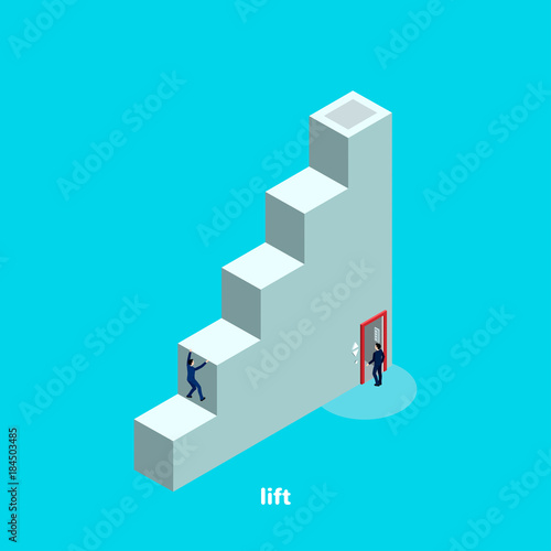 step chart and people in business suits trying to get on top of it, isometric image