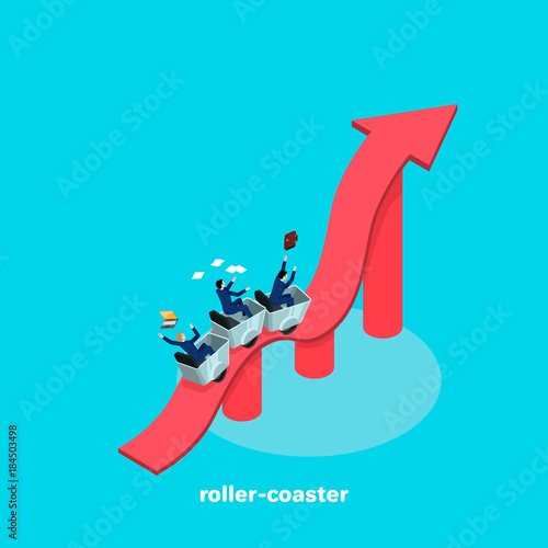 people in business suits ride along a wavy arrow as on a roller coaster, an isometric image