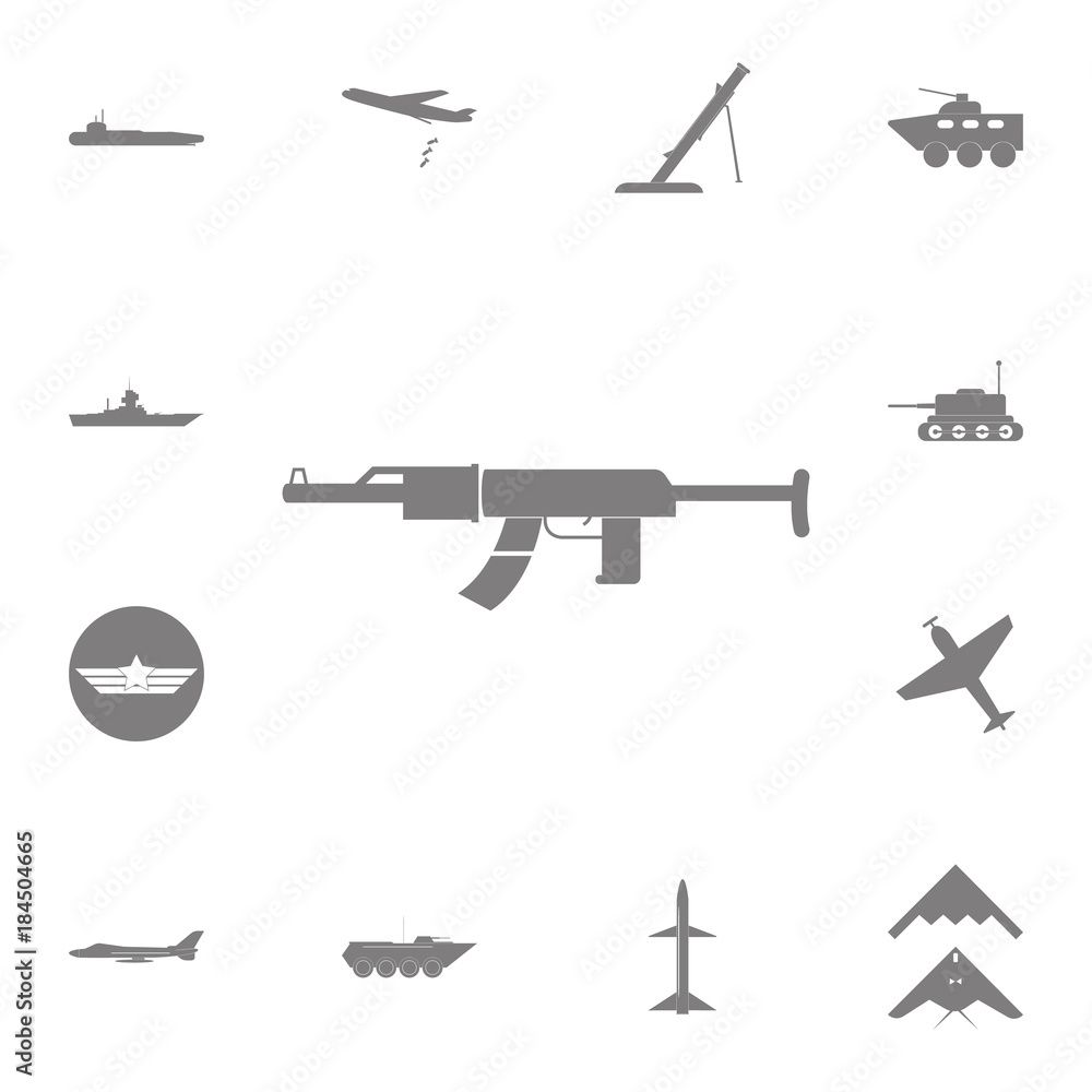 AK47 icon. Kalashnikov machine gun black silhouette icon. Set of military elements icon. Quality graphic design collection army icons for websites, web design, mobile app