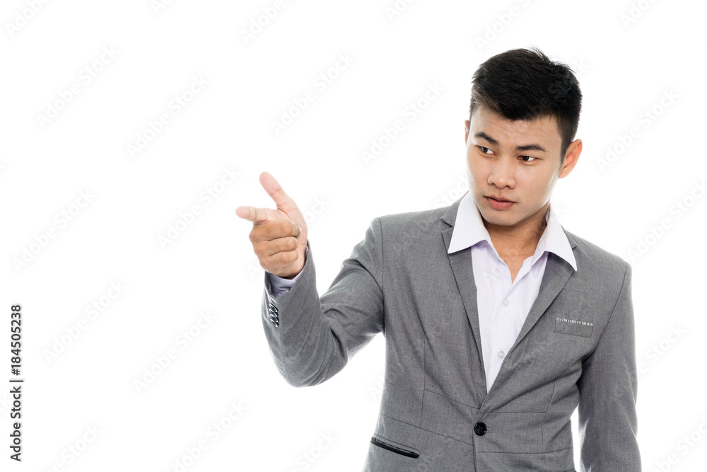 Portrait of a businessman pointed the finger to left side. Isolated on white background Portrait of a businessman pointed the finger to left side. Isolated on white background