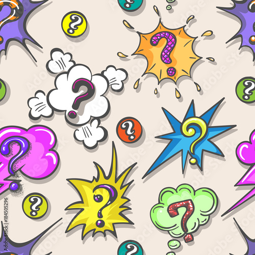 Pop art question pattern. Speech bubble question marks seamless background, vector illustraton