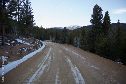 Snow covered dirt road winding through pines up a mountain