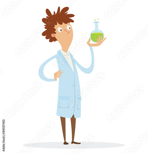 Vector cartoon image of man scientist with brown hair in a light blue lab coat and brown pants with a glass bulb with green chemical in hand on a white background. The science. Vector illustration.