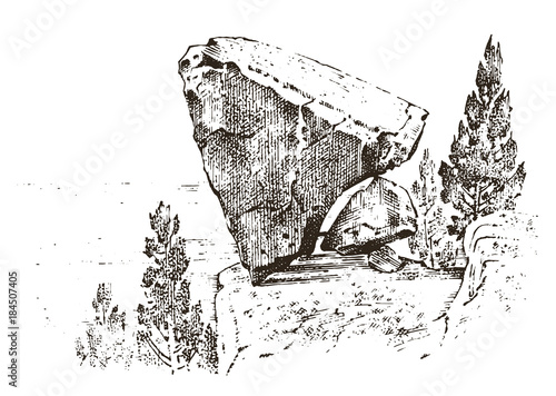 ancient cave. prehistoric house of wood or stone rock with the remains of a man. forest landscape. habitat of pristine civilizations. close up. engraved hand drawn in old sketch, vintage style.