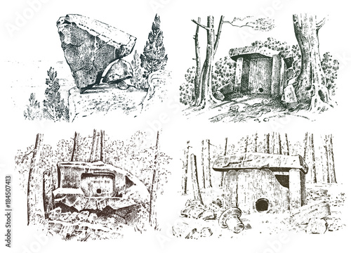 set ancient cave. prehistoric house of wood or stone rock with the remains of a man. forest landscape. habitat of pristine civilizations. close up. engraved hand drawn in old sketch, vintage style.