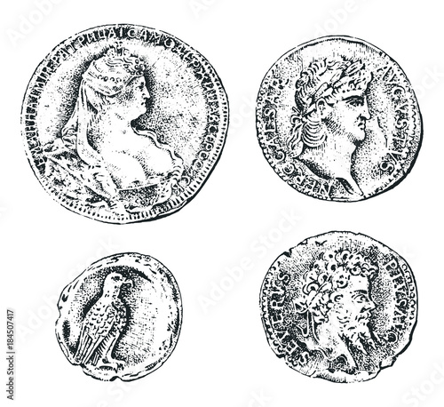 ancient coins or gold and silver money. roman and greek cash reward. engraved hand drawn in old sketch, vintage style.