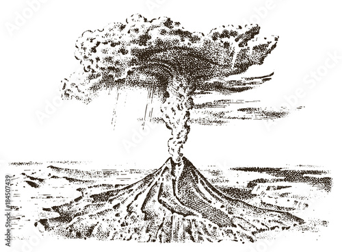 volcano activity with magma, smoke before the eruption and lava or nature disaster. for travel, adventure. mountain landscapes. engraved hand drawn in old sketch, vintage style.