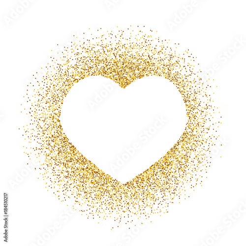 Golden glitter heart frame with space for text. Vector golden dust isolated on white.
