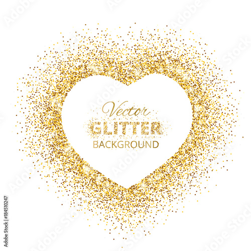 Golden glitter heart frame with space for text. Vector golden dust isolated on white.