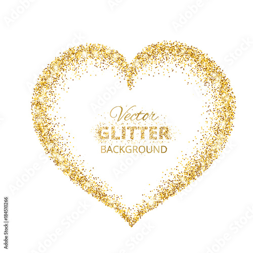Golden glitter heart frame with space for text. Vector golden dust isolated on white.