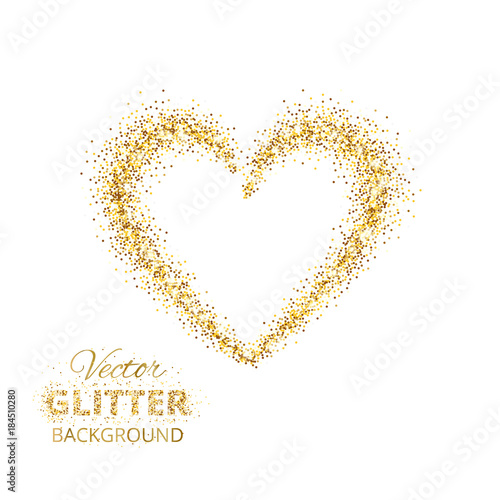 Golden glitter heart frame with space for text. Vector golden dust isolated on white.