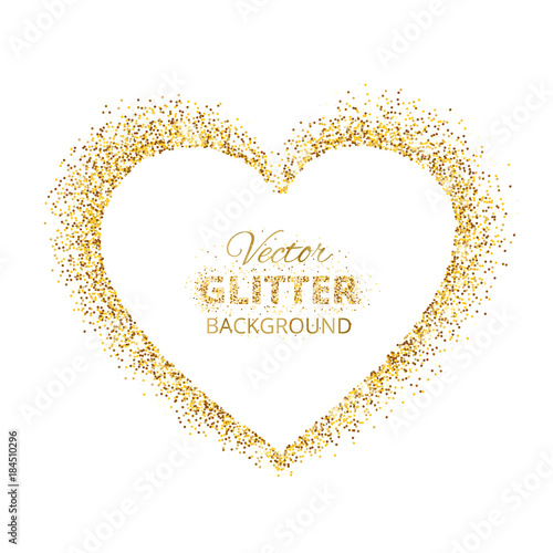 Golden glitter heart frame with space for text. Vector golden dust isolated on white.